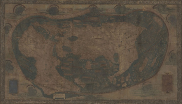 This map of the world drawn by Henricus Martellus in about 1491 was donated to Yale in 1962. Its faded condition (shown above) has stymied researchers for decades. The multispectral image of the map (below) reveals text and details invisible to the naked eye.